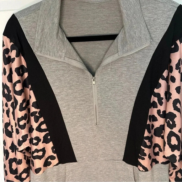 Leopard Gray & Black Quarter Zip Pullover with Pockets Relaxed Fit Size Large - Picture 4 of 11